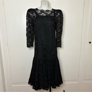 Vintage 80s Black Lace Drop Waist Long Sleeve Midi Dress